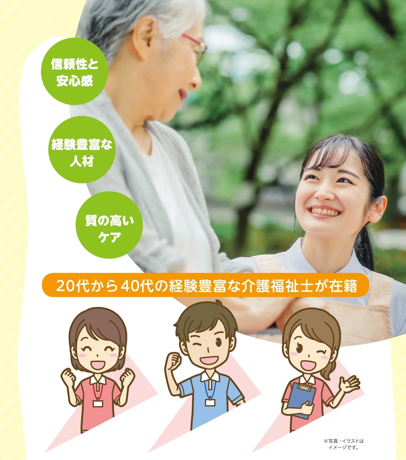 信頼性と安心感、経験豊富な人材、質の高いケア、20代から40代の経験豊富な介護福祉士が在籍